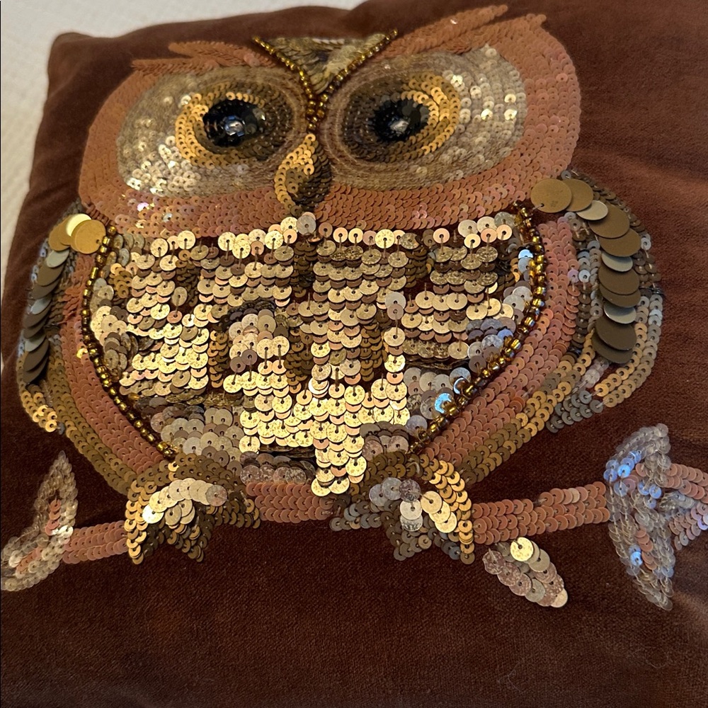 Pier 1 Imports Beaded Sequin Owl Brown Velvet Pillow 14" Square Fall Decor - Picture 6 of 13